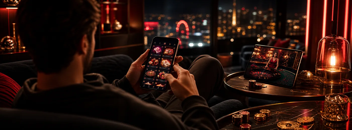 Hráč prochází hry Nine Casino na mobilním telefonu